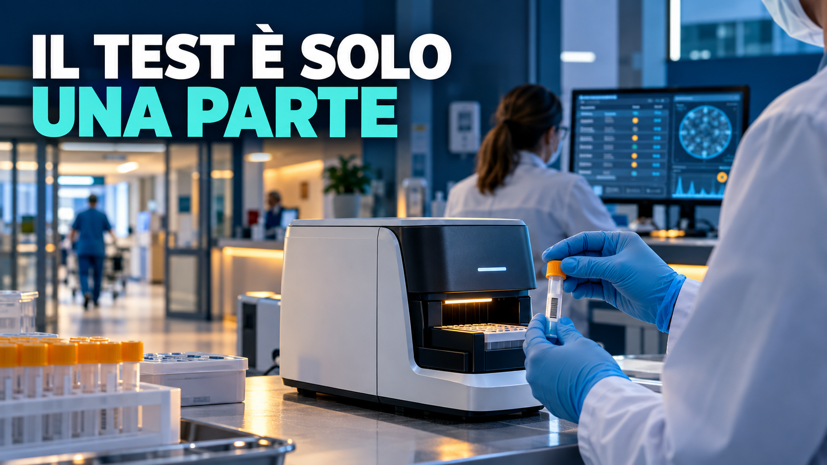 Professionista sanitario usa un analizzatore molecolare near-patient in un ospedale di riabilitazione, con supervisione microbiologica remota; claim: Il test è solo una parte.