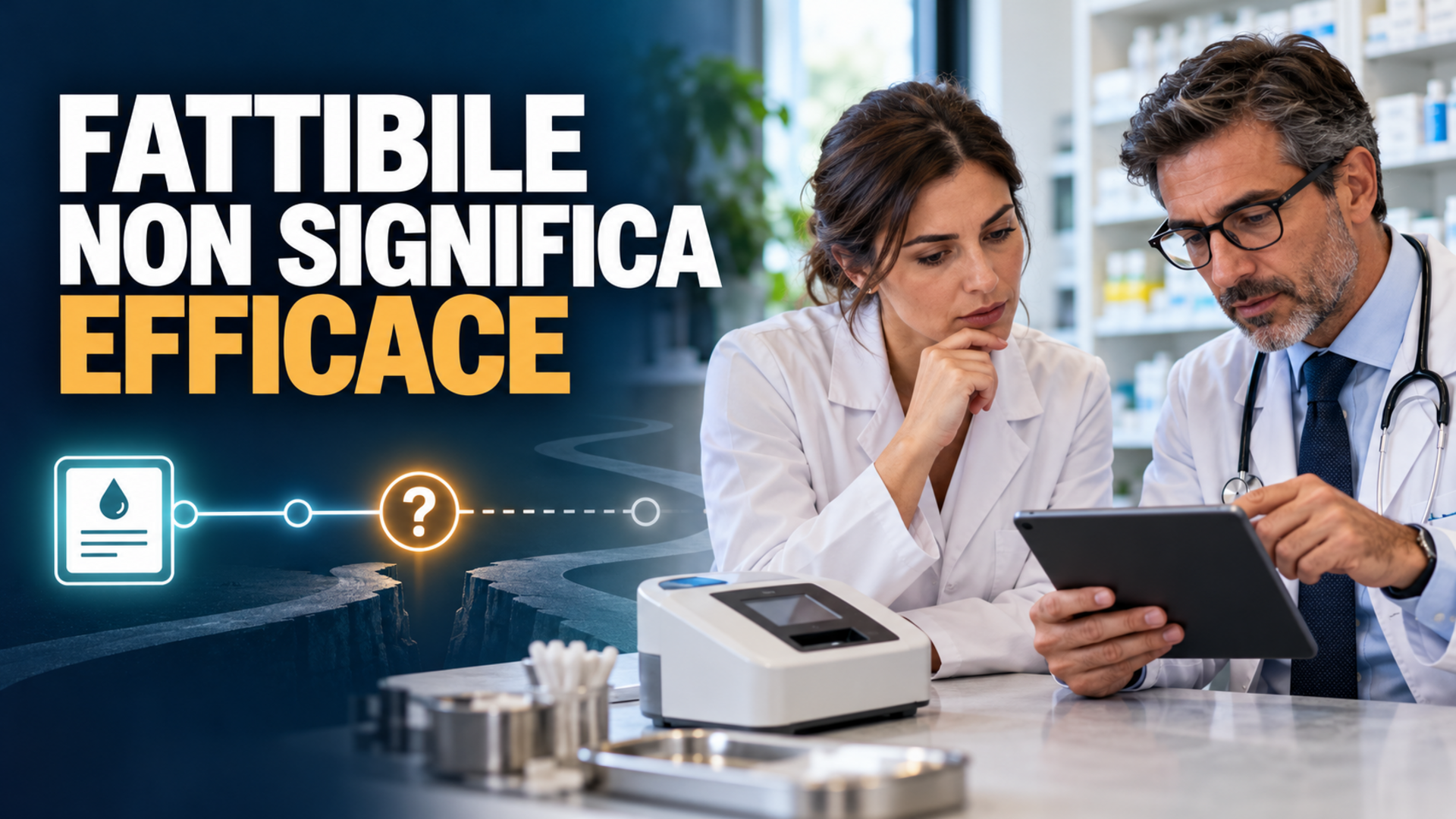 Farmacista e medico valutano un risultato point-of-care e il percorso antibiotico accanto a una sintesi delle evidenze; claim: Fattibile non significa efficace.