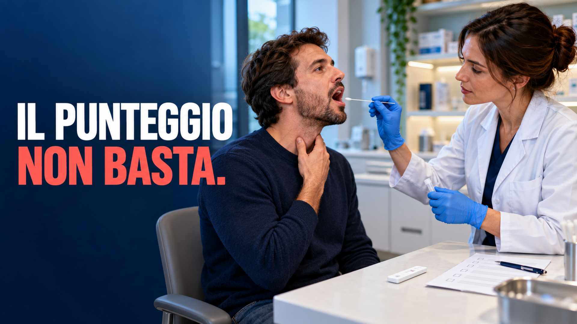Professionista sanitaria esegue un tampone faringeo a una persona adulta in un ambiente di farmacia, accanto a un test rapido e a una scheda clinica; claim: Il punteggio non basta.
