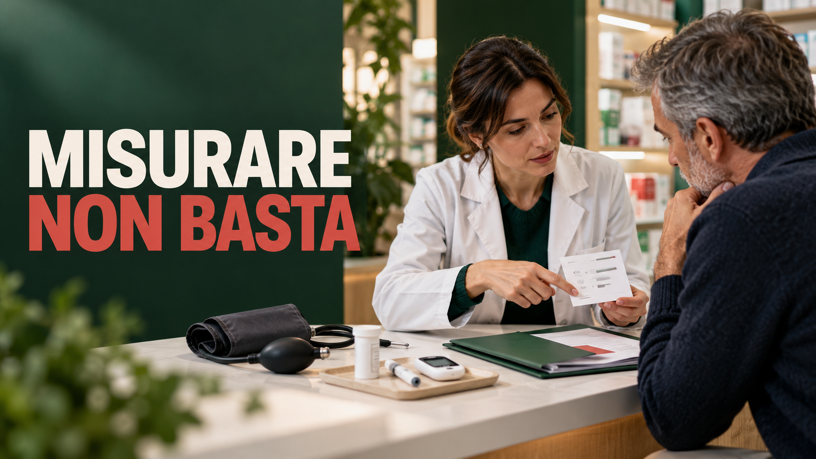 Farmacista illustra i risultati di uno screening cardiovascolare a una persona e indica il percorso successivo; claim: Misurare non basta.