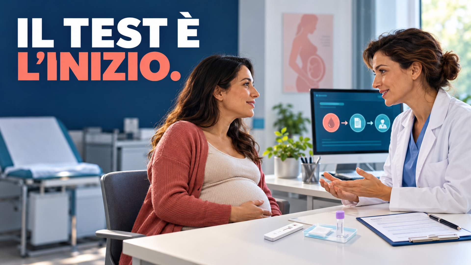 Persona in gravidanza a colloquio con una professionista sanitaria accanto a un test rapido e a un percorso digitale di presa in carico; claim: Il test è l’inizio.